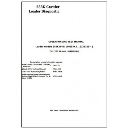 John Deere 655K Crawler Loader Pdf Diagnostic, Operation and Tests Service Manual TM12720