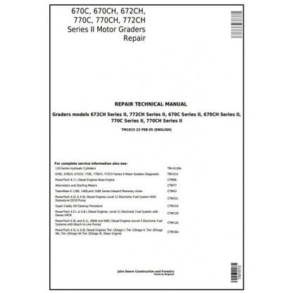 John Deere 670C, 670CH, 672CH, 770C, 770CH, 772CH Series II Motor Grader Pdf Technical Repair Service Manual TM1915