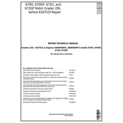 John Deere 670G, 670GP, 672G, 672GP Motor Grader Pdf Technical Repair Service Manual TM11205