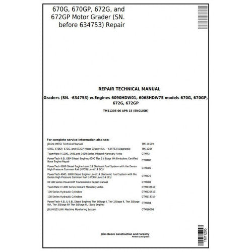 John Deere 670G, 670GP, 672G, 672GP Motor Grader Pdf Technical Repair Service Manual TM11205