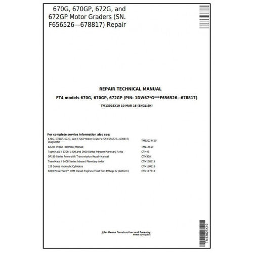 John Deere 670G, 670GP, 672G, 672GP Motor Grader Pdf Technical Repair Service Manual TM13025X19