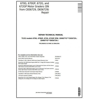 John Deere 670G, 670GP, 672G, 672GP Motor Grader Pdf Technical Repair Service Manual TM13068X19