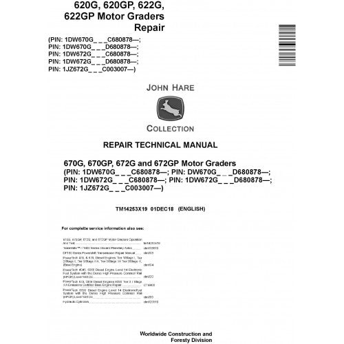 John Deere 670G, 670GP, 672G, 672GP Motor Graders Pdf Technical Repair Service Manual TM14253X19