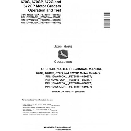 John Deere 670G, 670GP, 672G and 672GP Motor Graders Pdf Diagnostic, Operation and Tests Service Manual TM14069X19