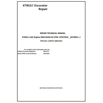 John Deere 670GLC Excavator Pdf Technical Repair Service Manual TM12181