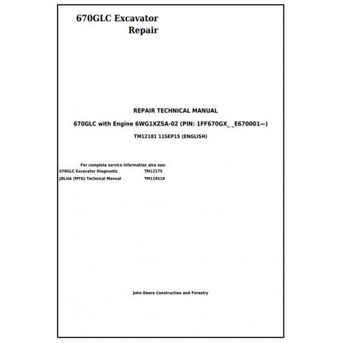 John Deere 670GLC Excavator Pdf Technical Repair Service Manual TM12181