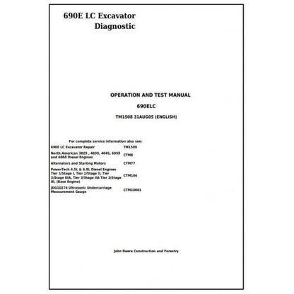 John Deere 690E LC Excavator Pdf Diagnostic, Operation and Tests Service Manual TM1508