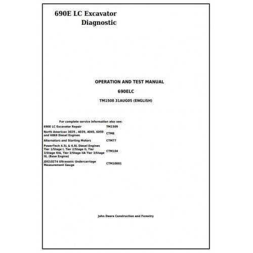 John Deere 690E LC Excavator Pdf Diagnostic, Operation and Tests Service Manual TM1508