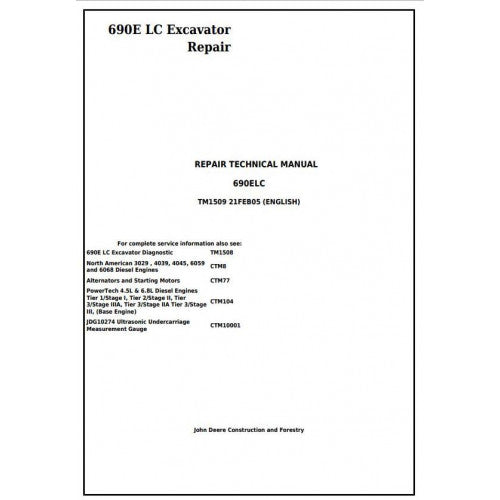 John Deere 690E LC Excavator Pdf Technical Repair Service Manual TM1509