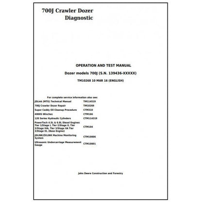 John Deere 700J Crawler Dozer Pdf Diagnostic, Operation and Tests Service Manual TM10268