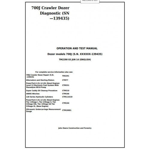 John Deere 700J Crawler Dozer Pdf Diagnostic, Operation and Tests Service Manual TM2290