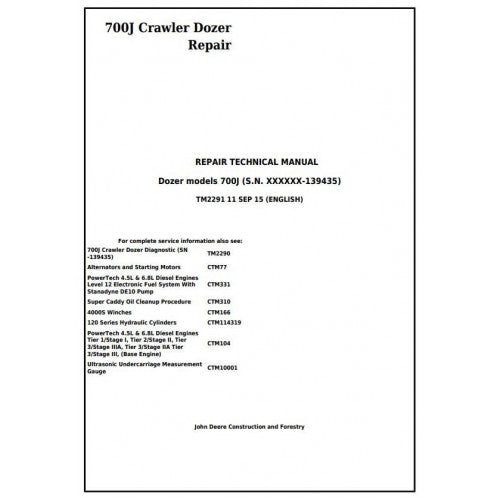 John Deere 700J Crawler Dozer Pdf Technical Repair Service Manual TM2291
