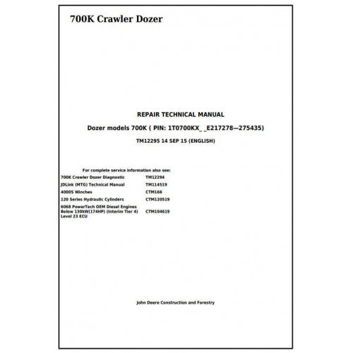 John Deere 700K Crawler Dozer Pdf Technical Repair Service Manual TM12295