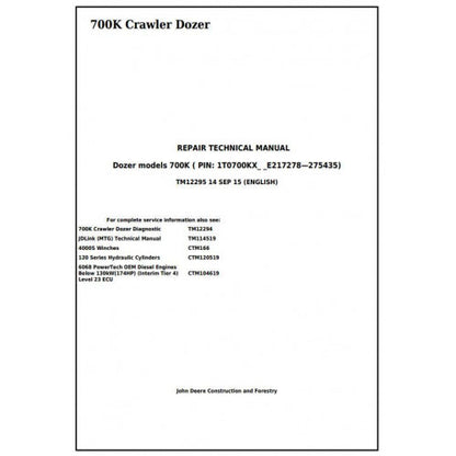 John Deere 700K Crawler Dozer Pdf Technical Repair Service Manual TM12295