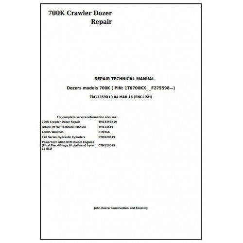 John Deere 700K Crawler Dozer Pdf Technical Repair Service Manual TM13359X19