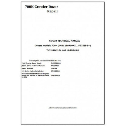 John Deere 700K Crawler Dozer Pdf Technical Repair Service Manual TM13359X19
