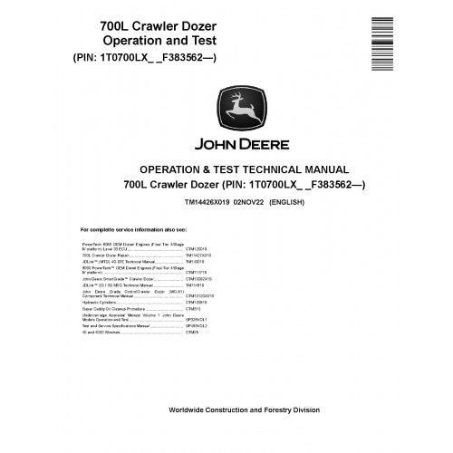John Deere 700L Crawler Dozer Pdf Diagnostic, Operation and Tests Service Manual TM14426X019