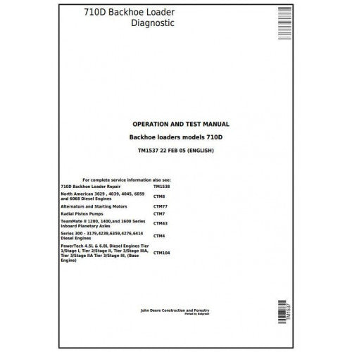 John Deere 710D Backhoe Loader Pdf Diagnostic, Operation and Tests Service Manual TM1537
