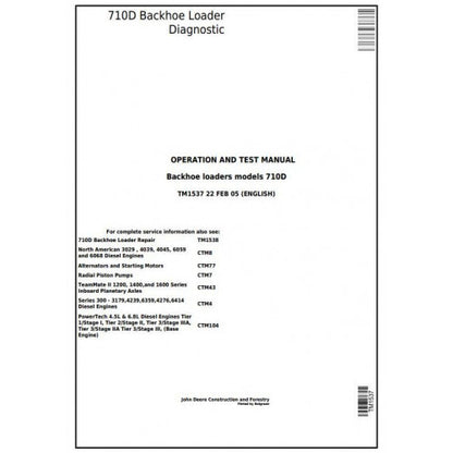 John Deere 710D Backhoe Loader Pdf Diagnostic, Operation and Tests Service Manual TM1537