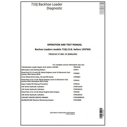 John Deere 710J Backhoe Loader Pdf Diagnostic, Operation and Tests Service Manual TM10133