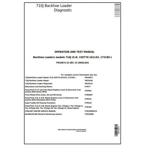 John Deere 710J Backhoe Loader Pdf Diagnostic, Operation and Tests Service Manual TM10874