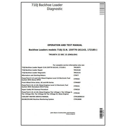 John Deere 710J Backhoe Loader Pdf Diagnostic, Operation and Tests Service Manual TM10874