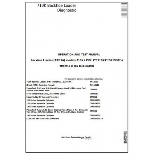 John Deere 710K Backhoe Loader Pdf Diagnostic, Operation and Tests Service Manual TM12511
