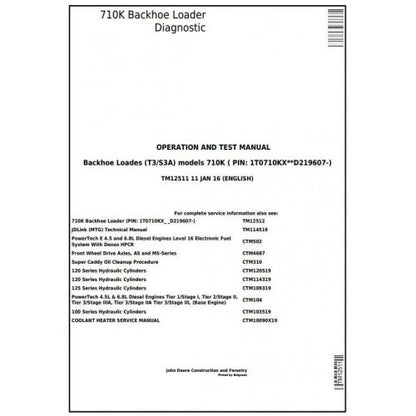 John Deere 710K Backhoe Loader Pdf Diagnostic, Operation and Tests Service Manual TM12511