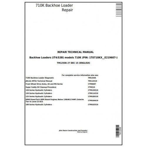 John Deere 710K Backhoe Loader Pdf Technical Repair Service Manual TM12506