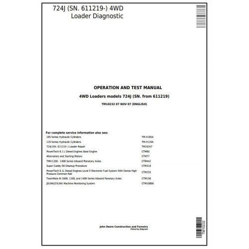 John Deere 724J 4WD Loader Pdf Diagnostic, Operation and Tests Service Manual TM10232