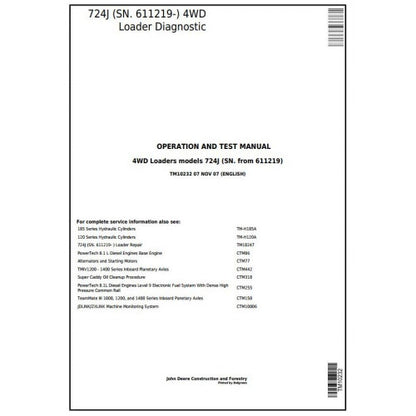 John Deere 724J 4WD Loader Pdf Diagnostic, Operation and Tests Service Manual TM10232