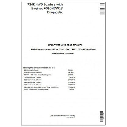 John Deere 724K 4WD Loader Pdf Diagnostic, Operation and Tests Service Manual TM12109