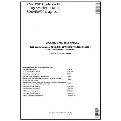 John Deere 724K 4WD Loader Pdf Diagnostic, Operation and Tests Service Manual TM12110