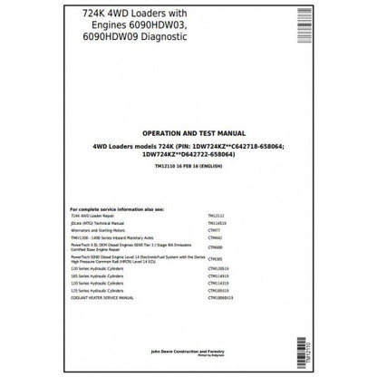 John Deere 724K 4WD Loader Pdf Diagnostic, Operation and Tests Service Manual TM12110
