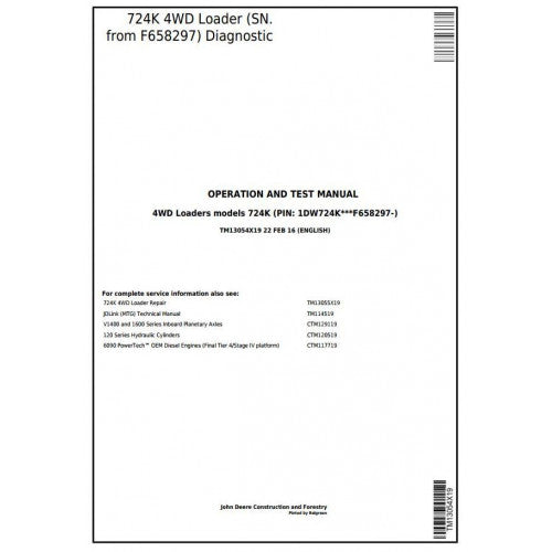 John Deere 724K 4WD Loader Pdf Diagnostic, Operation and Tests Service Manual TM13054X19