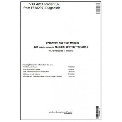 John Deere 724K 4WD Loader Pdf Diagnostic, Operation and Tests Service Manual TM13054X19