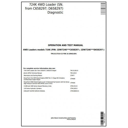 John Deere 724K 4WD Loader Pdf Diagnostic, Operation and Tests Service Manual TM13117X19