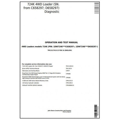 John Deere 724K 4WD Loader Pdf Diagnostic, Operation and Tests Service Manual TM13117X19