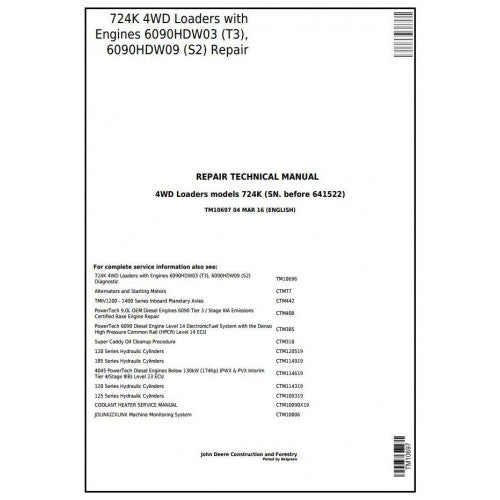 John Deere 724K 4WD Loader Pdf Technical Repair Service Manual TM10697