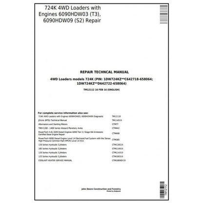 John Deere 724K 4WD Loader Pdf Technical Repair Service Manual TM12112