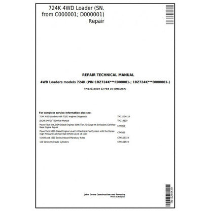 John Deere 724K 4WD Loader Pdf Technical Repair Service Manual TM13215X19