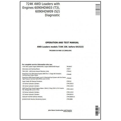 John Deere 724K Loader Pdf Diagnostic, Operation and Tests Service Manual TM10696