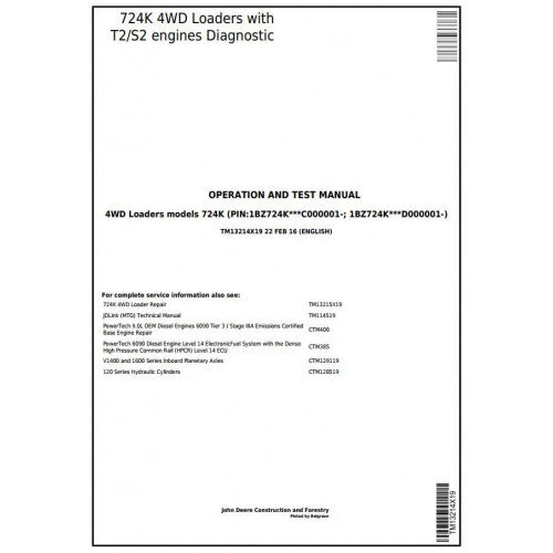 John Deere 724K Loader Pdf Diagnostic, Operation and Tests Service Manual TM13214X19