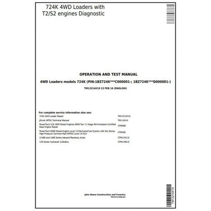 John Deere 724K Loader Pdf Diagnostic, Operation and Tests Service Manual TM13214X19