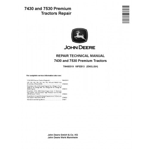 John Deere 7430 and 7530 Premium Tractor Pdf Technical Repair Manual TM400319