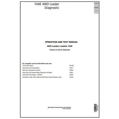 John Deere 744E 4WD Loader Pdf Diagnostic, Operation and Tests Service Manual TM1454