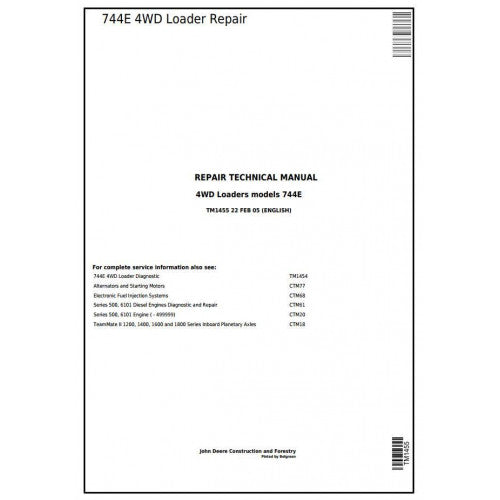 John Deere 744E 4WD Loader Pdf Technical Repair Service Manual TM1455