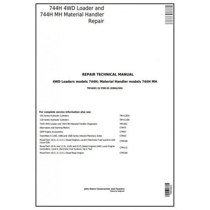 John Deere 744H 4WD Loader and 744H MH Material Handler Pdf Technical Repair Service Manual TM1603