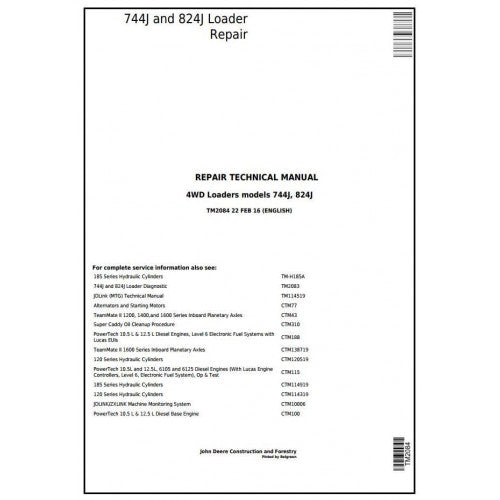 John Deere 744J and 824J 4WD Loader Pdf Technical Repair Service Manual TM2084