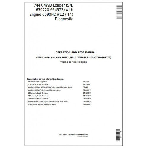 John Deere 744K 4WD Loader Pdf Diagnostic, Operation and Tests Service Manual TM11742